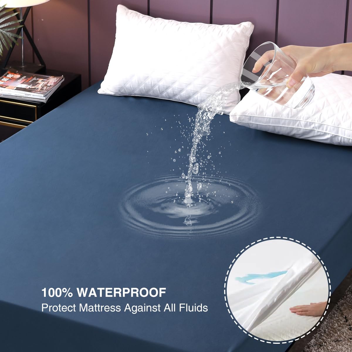 NTBED Black Waterproof Mattress Protector Cover Full Size Deep Pocket Polyester Bed Mattress Pad Cover Solid Color Fitted Sheet (54” x 75”)