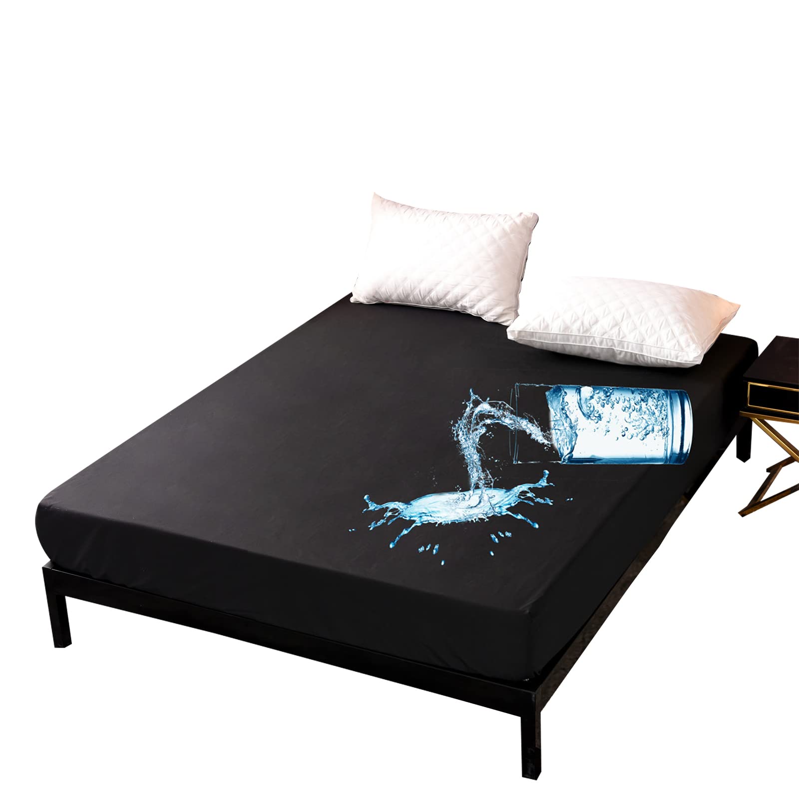 NTBED Black Waterproof Mattress Protector Cover Full Size Deep Pocket Polyester Bed Mattress Pad Cover Solid Color Fitted Sheet (54” x 75”)