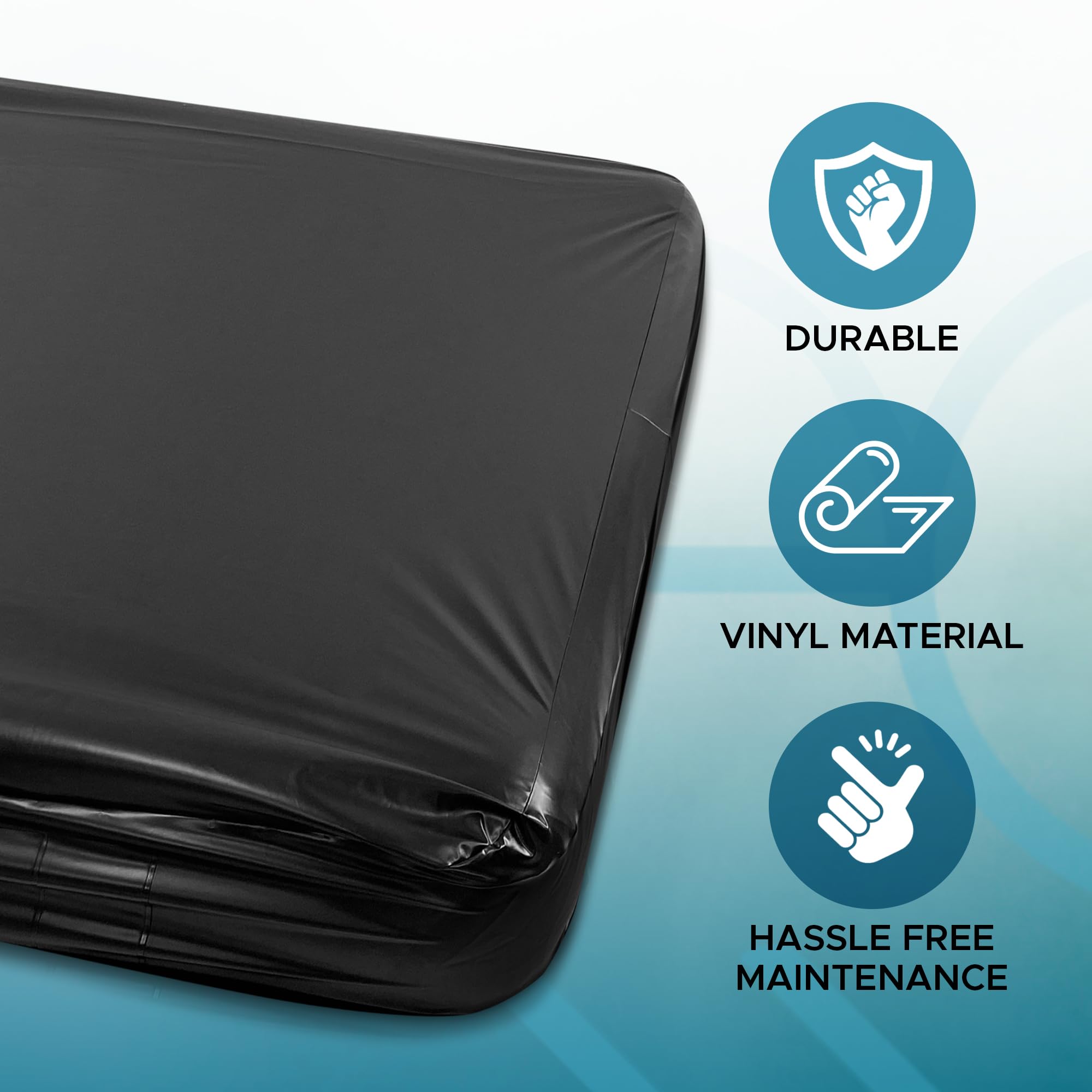 Black Vinyl Queen Waterproof Fitted Massage Bed Sheet with Side Pocket | Mattress Protector, Bed Cover for Nuru Massage - Oil, Water-Based, Silicone Safe | 60'' x 80'' + 15.7'' Deep Pocket