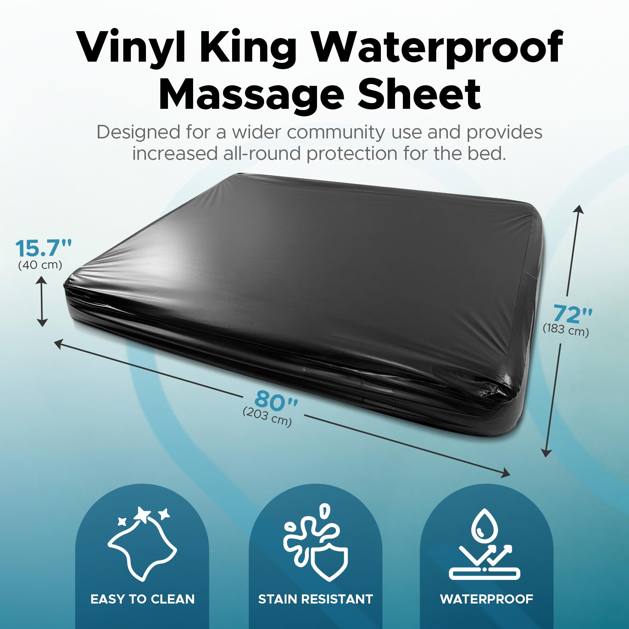 Black Vinyl Queen Waterproof Fitted Massage Bed Sheet with Side Pocket | Mattress Protector, Bed Cover for Nuru Massage - Oil, Water-Based, Silicone Safe | 60'' x 80'' + 15.7'' Deep Pocket