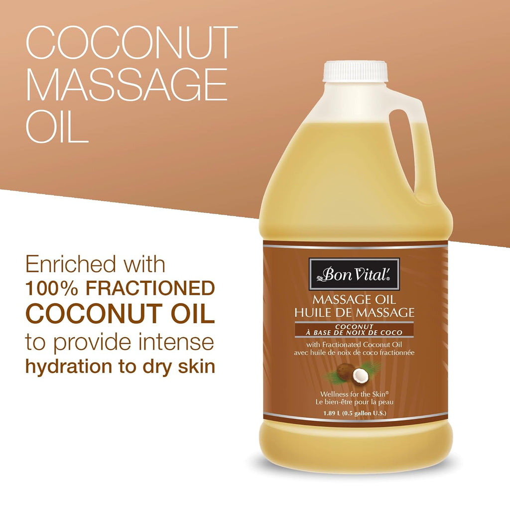 Bon Vital' Coconut Massage Oil, 1/2-Gallon Container, 100% Pure Fractionated Coconut Oil for Dry Skin, Lightweight Non-Greasy, Neutral Scent, Non-Staining, for Massage Therapy & At-Home Use