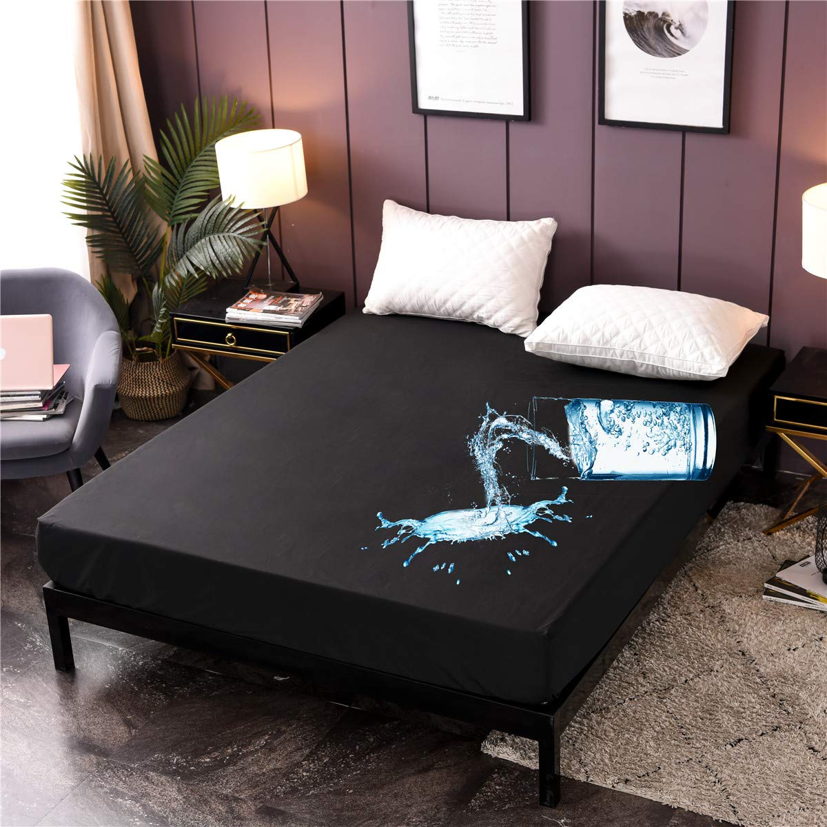 NTBED Black Waterproof Mattress Protector Cover Full Size Deep Pocket Polyester Bed Mattress Pad Cover Solid Color Fitted Sheet (54” x 75”)