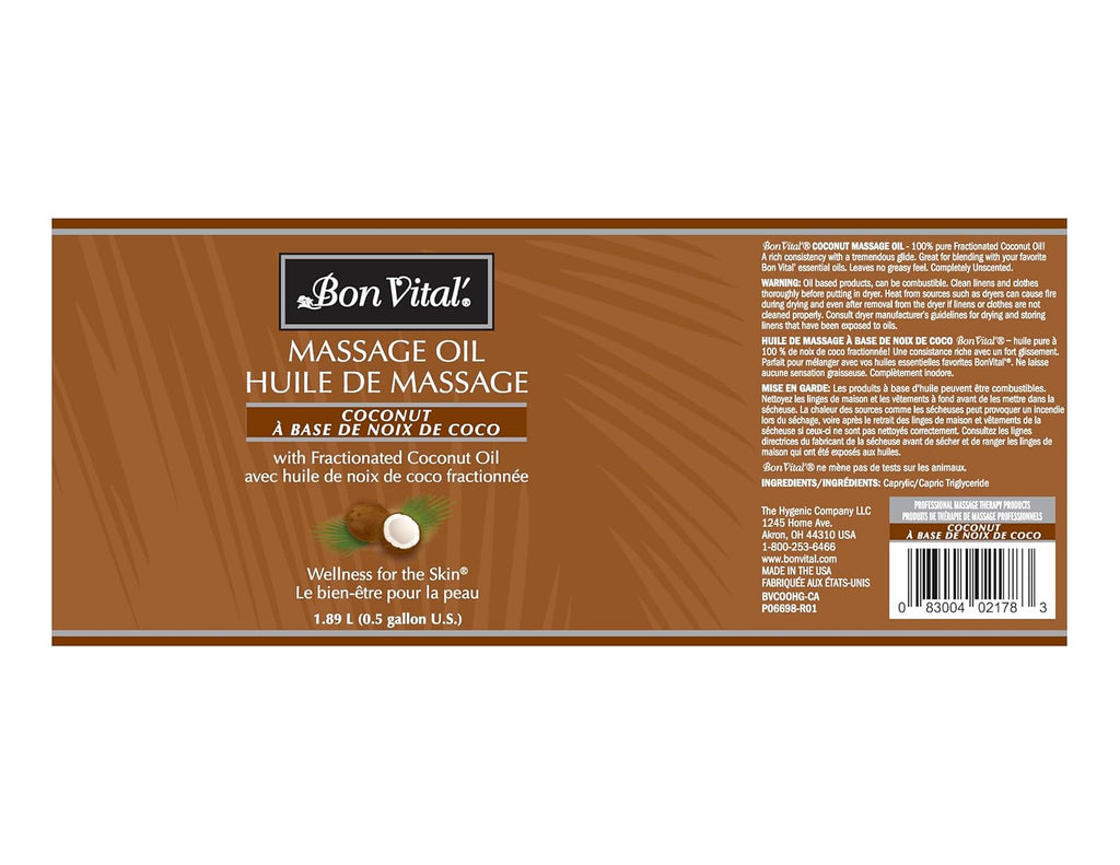 Bon Vital' Coconut Massage Oil, 1/2-Gallon Container, 100% Pure Fractionated Coconut Oil for Dry Skin, Lightweight Non-Greasy, Neutral Scent, Non-Staining, for Massage Therapy & At-Home Use